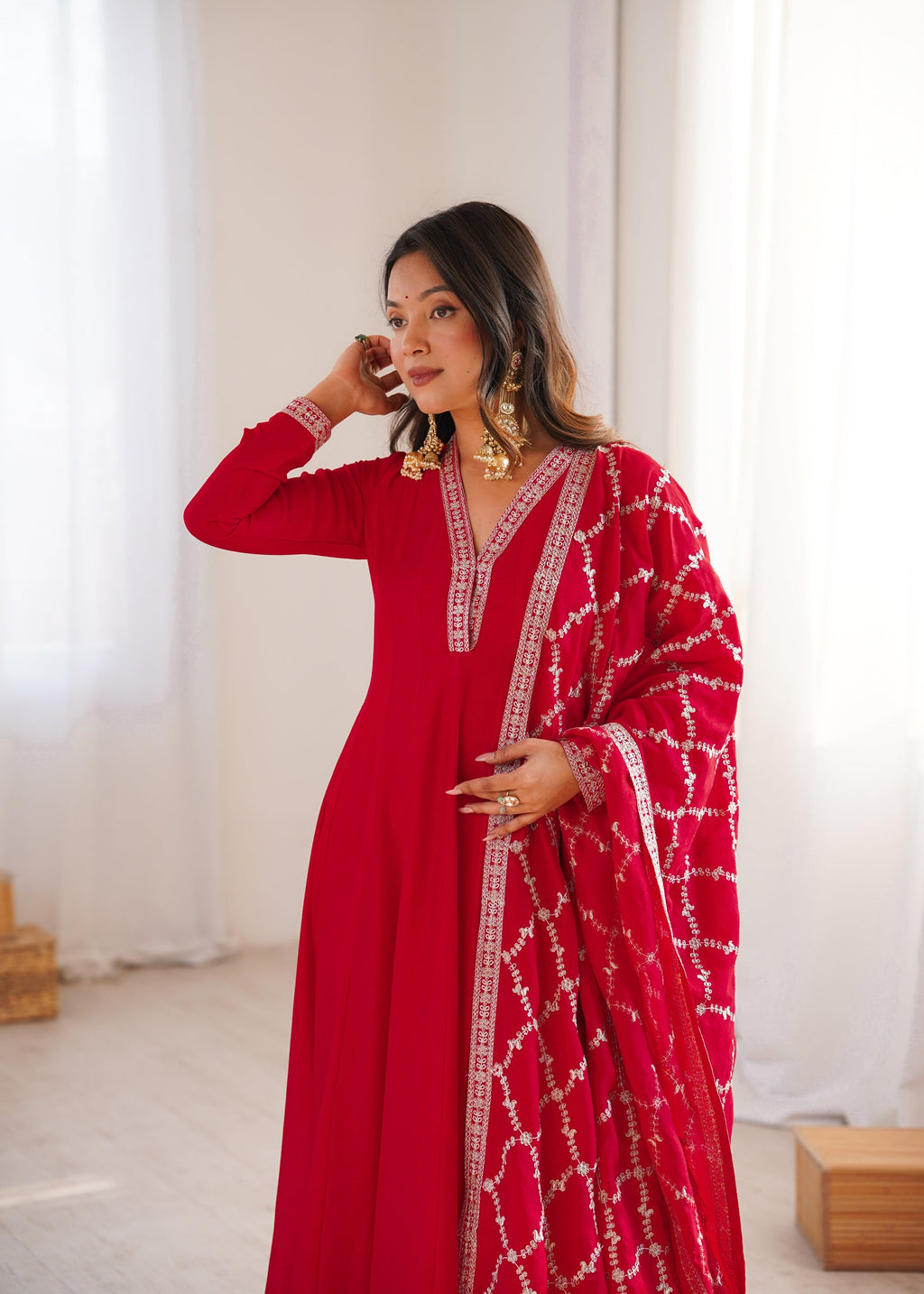 Lorenvalley Fashion Red Vichitra Silk with Full Kali Pattern Embroidery work Anarkali Gown with Dupatta