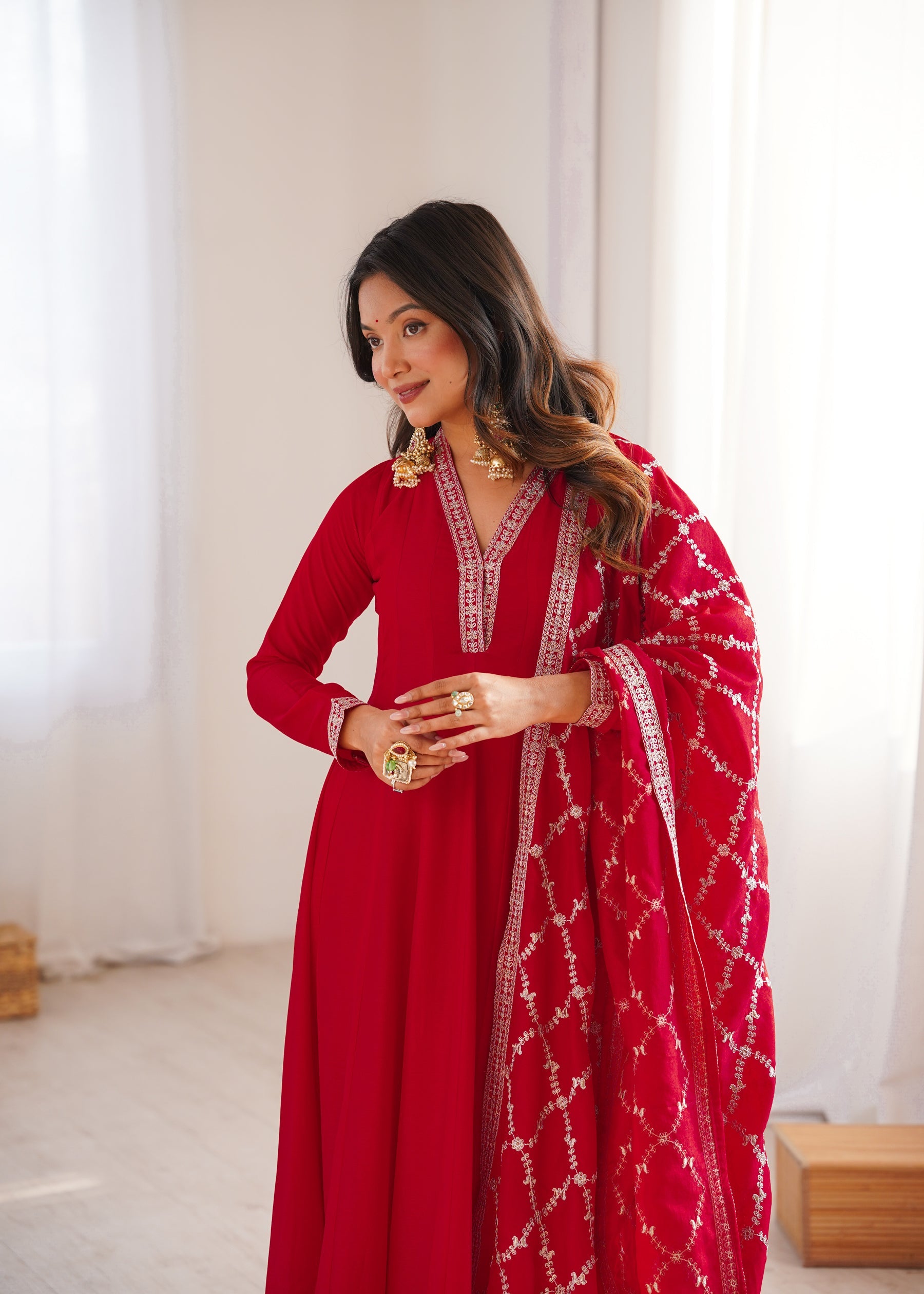 Lorenvalley Fashion Red Vichitra Silk with Full Kali Pattern Embroidery work Anarkali Gown with Dupatta