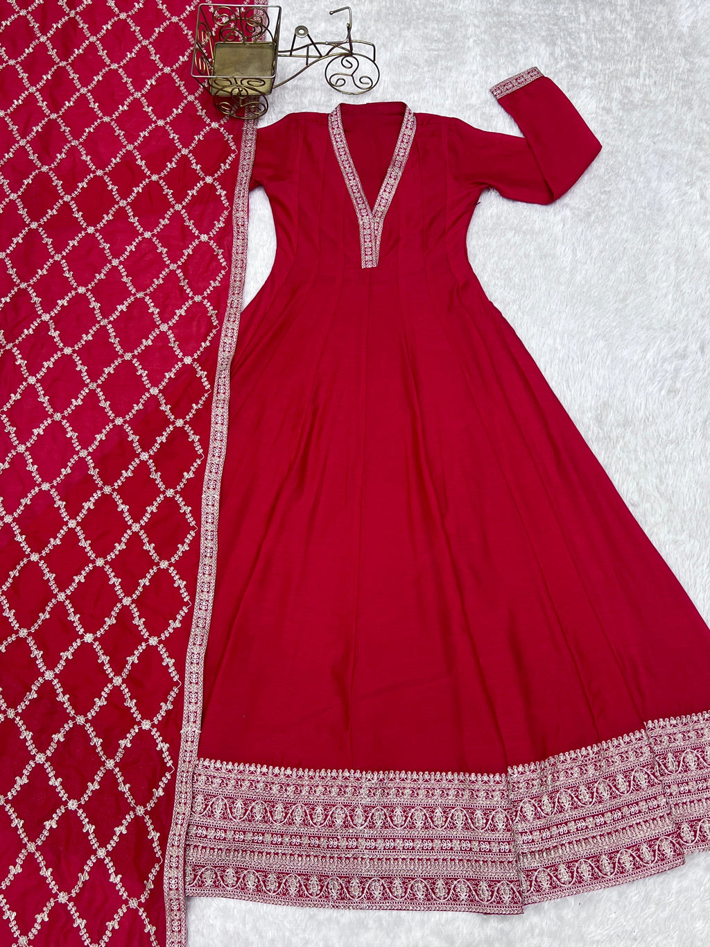 Lorenvalley Fashion Red Vichitra Silk with Full Kali Pattern Embroidery work Anarkali Gown with Dupatta