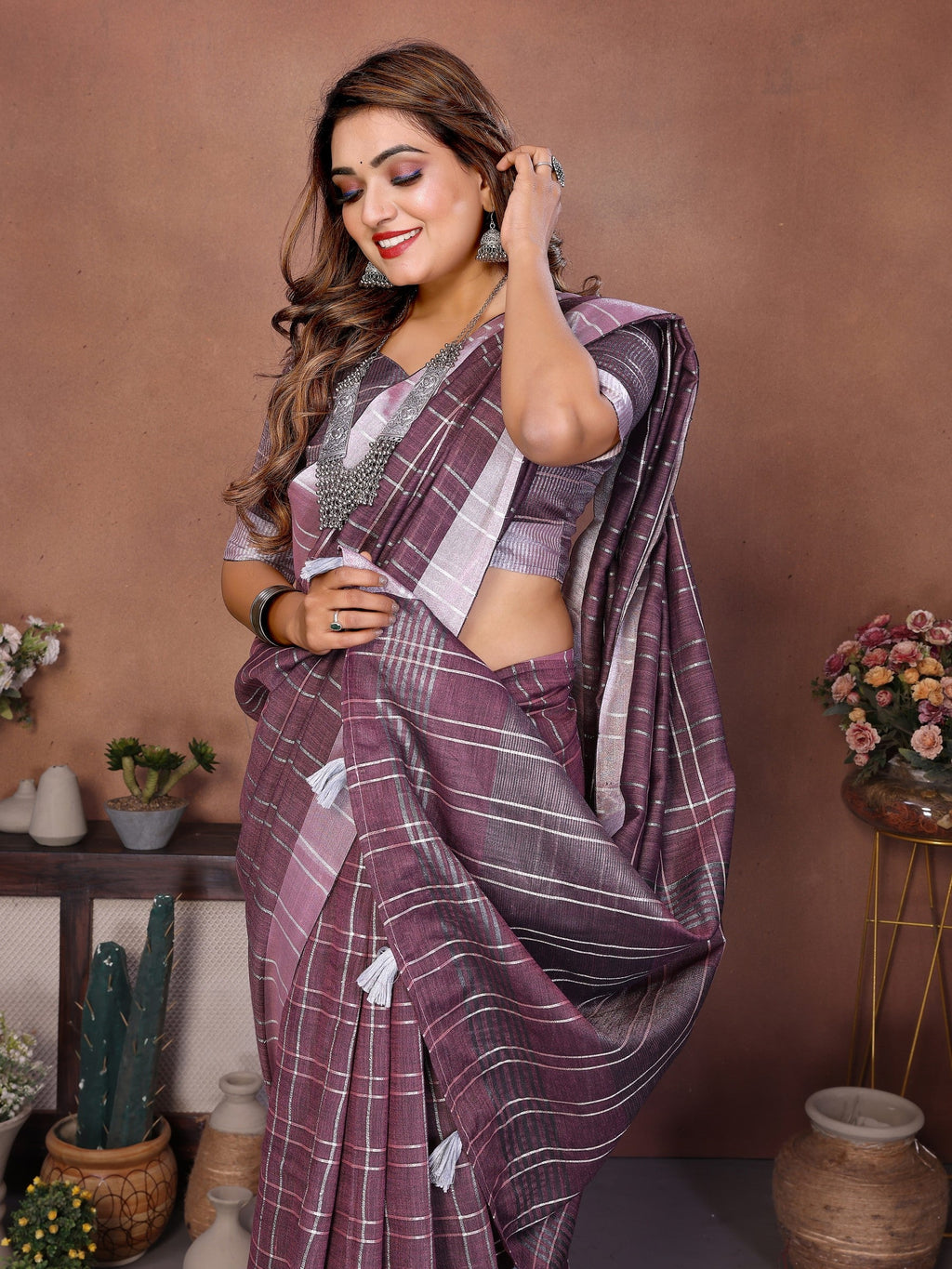 Anaita Purple Weaving Linen Cotton Saree With Blouse