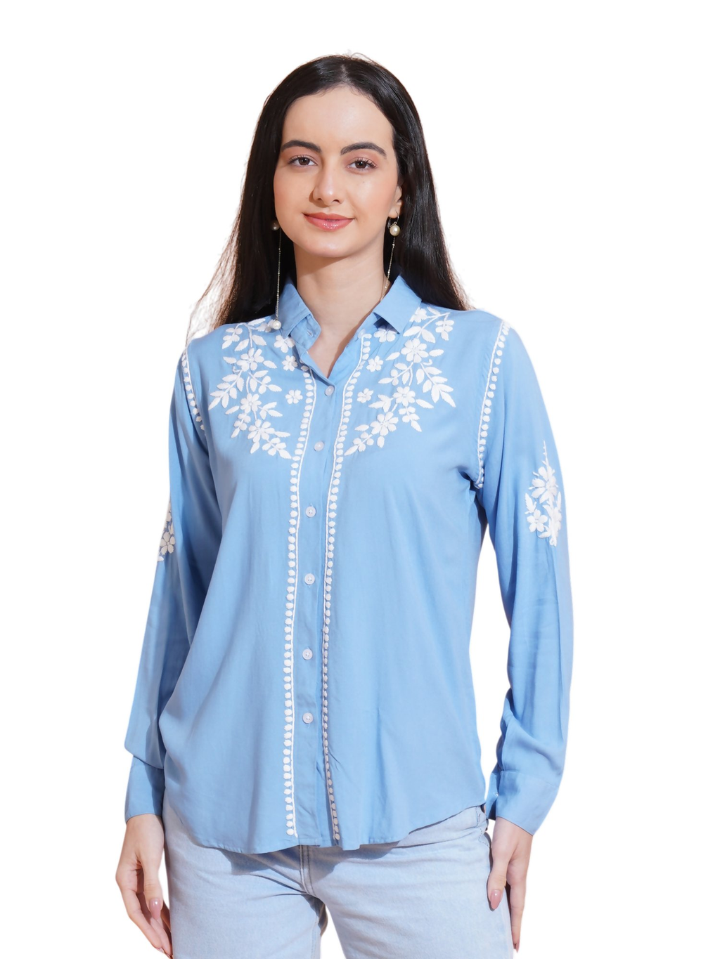 Pahnaz Modal Chikankari Handwork Shirt-Blue