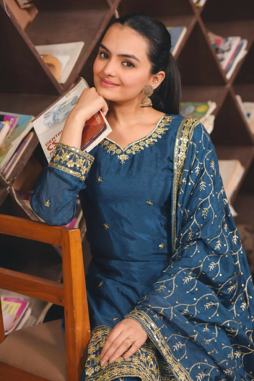 Joban Fashion Blue Silk Embroidered Sharara Set