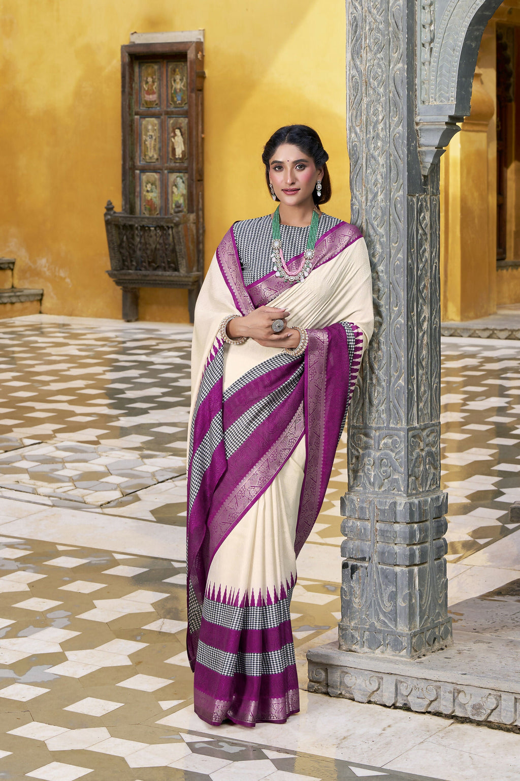 Vastranavya Off White Printed with Zari Weaving Work Poly Cotton Saree & Unstitched Blouse