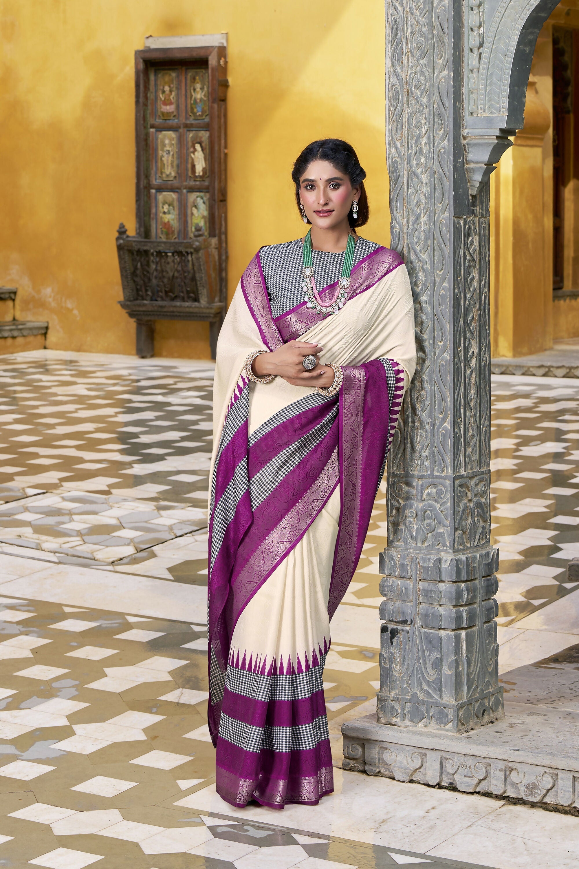 Vastranavya Off White Printed with Zari Weaving Work Poly Cotton Saree & Unstitched Blouse