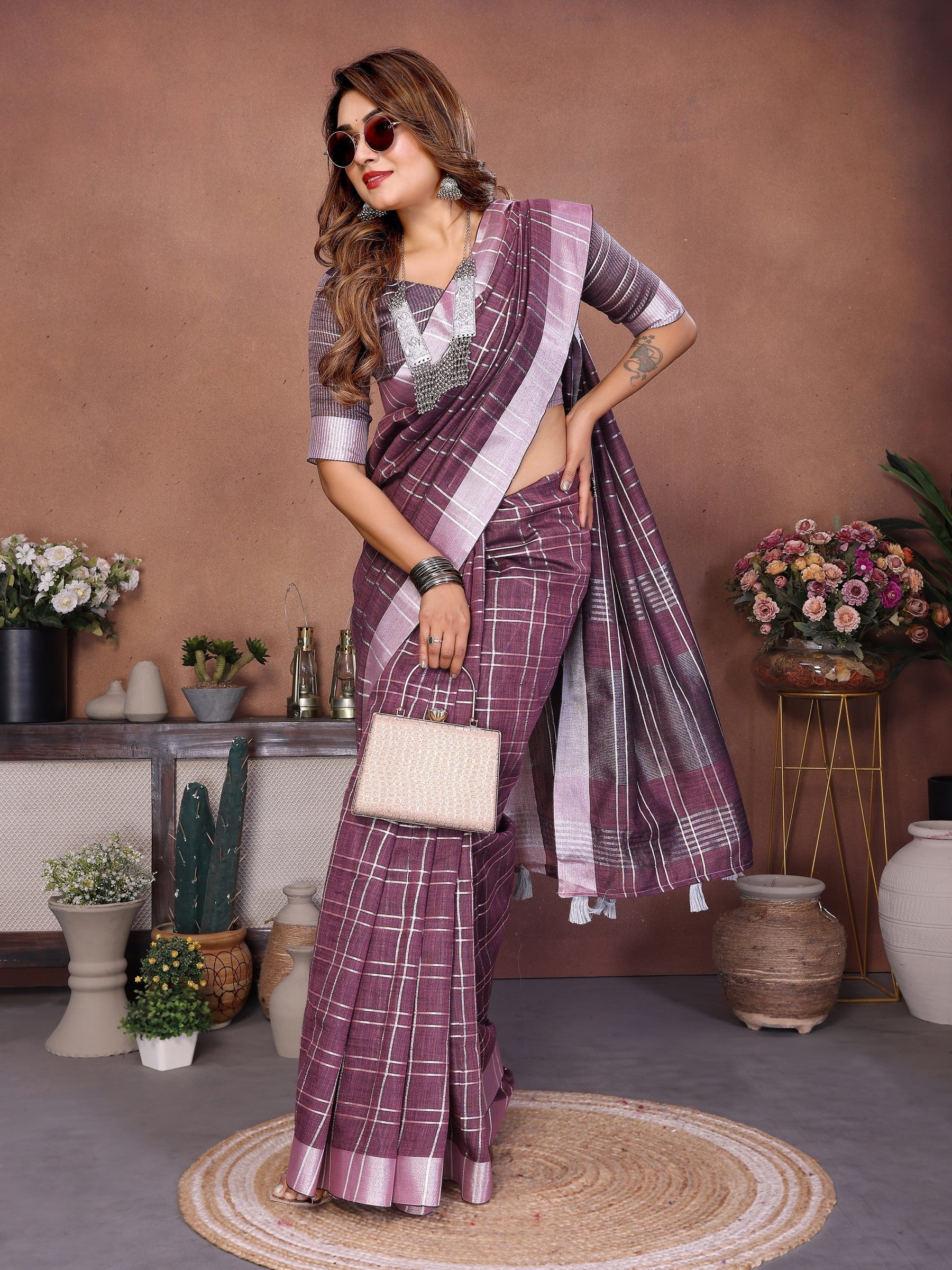 Anaita Purple Weaving Linen Cotton Saree With Blouse