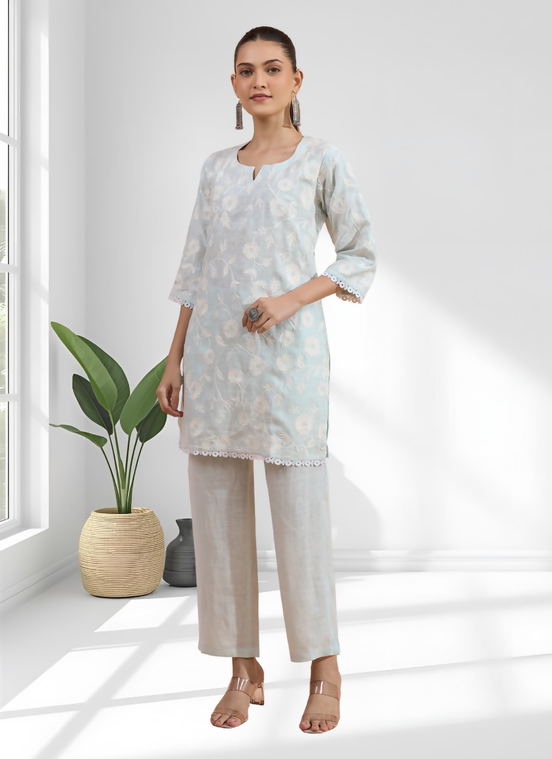Joban Fashion Sky Blue Linen Embroidered Readymade Cord Set