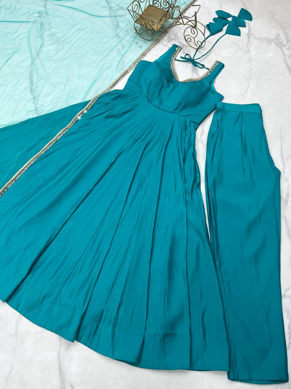 Evanik Rama Pure Romansilk Chanderi Plain Fully Flair Anarkali Suit