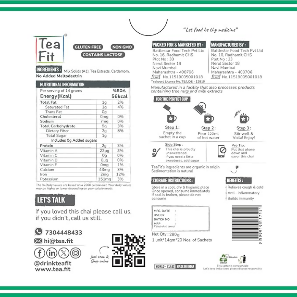 TeaFit Premium NO SUGAR Instant Cardamom Tea Premix
