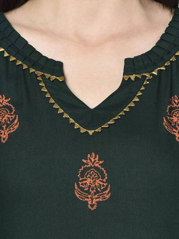Aniyah Rayon Bottle Green Block Print Straight Kurta (AN-218K)