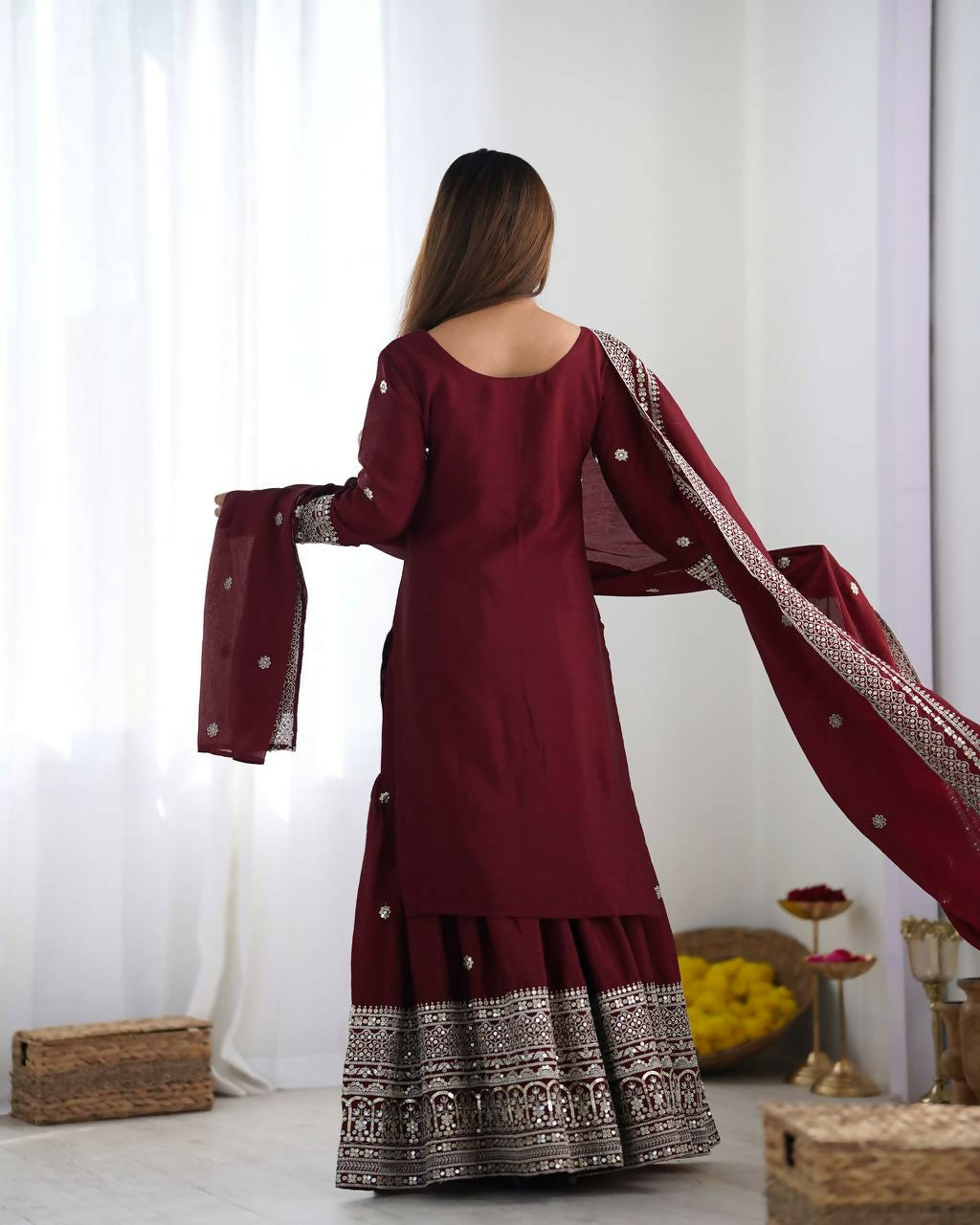 Joban Fashion Maroon Kurta Set Silk Sequins , Zari, Coding & Thread Embroidered work