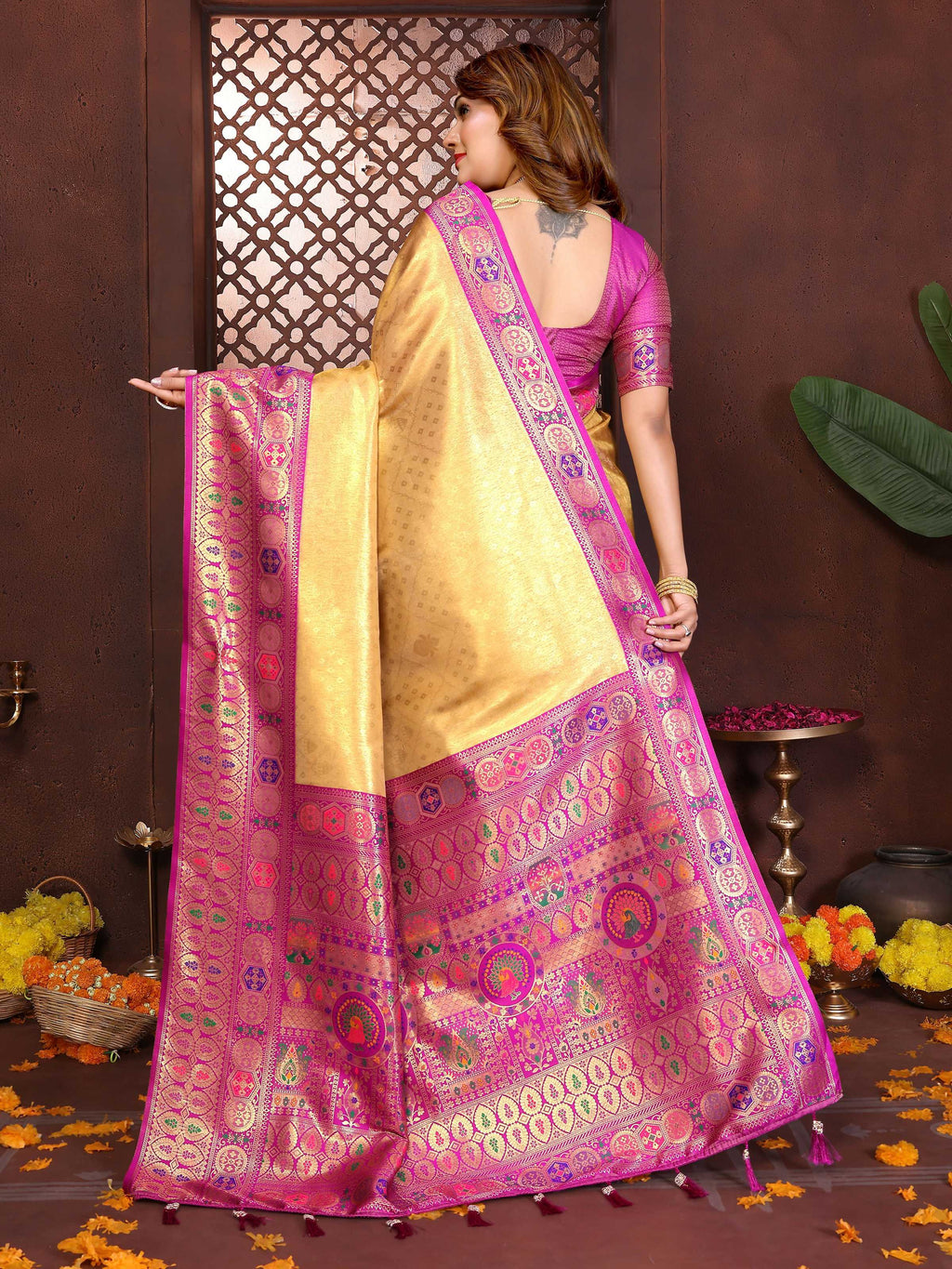 Aastha Fashion Yellow Tissue Silk Weaving Saree