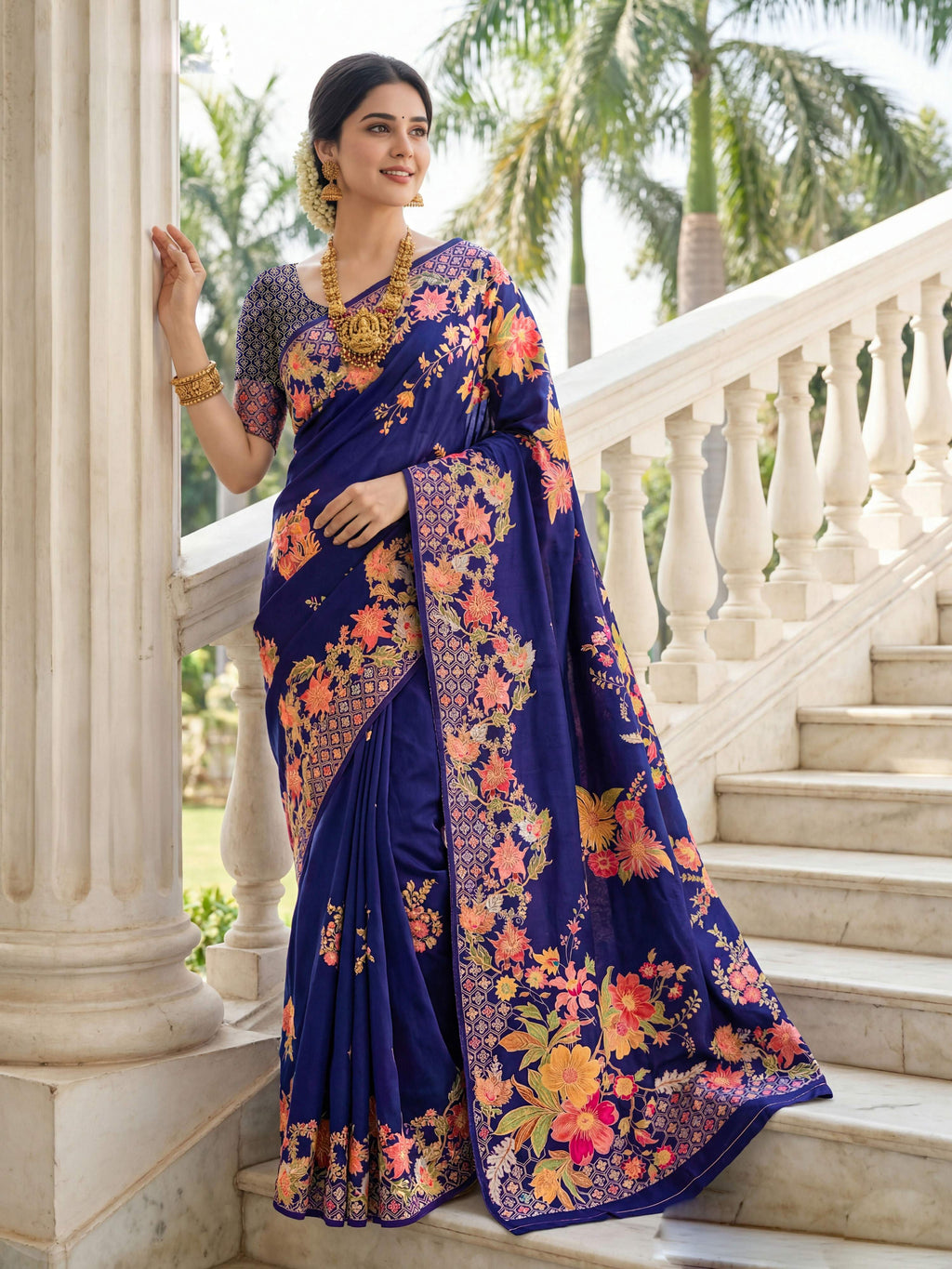 Aastha Fashion Royal Blue Premium Russian Silk Designer Floral Position Print Saree