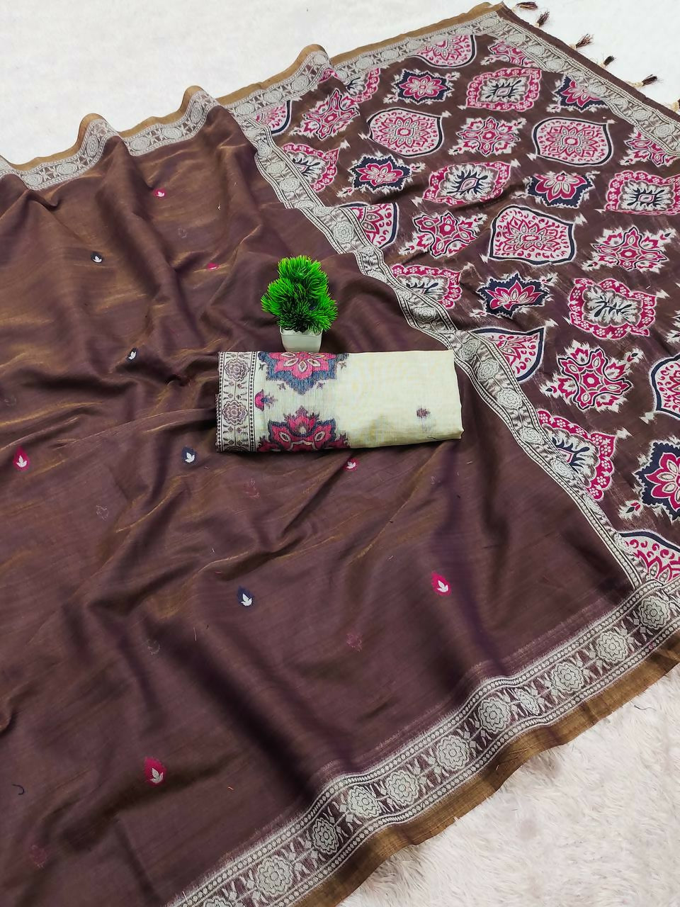 Vastranavya Coffee Muga Cotton Meenakari & Azarakh Pallu Saree with Contrast Blouse