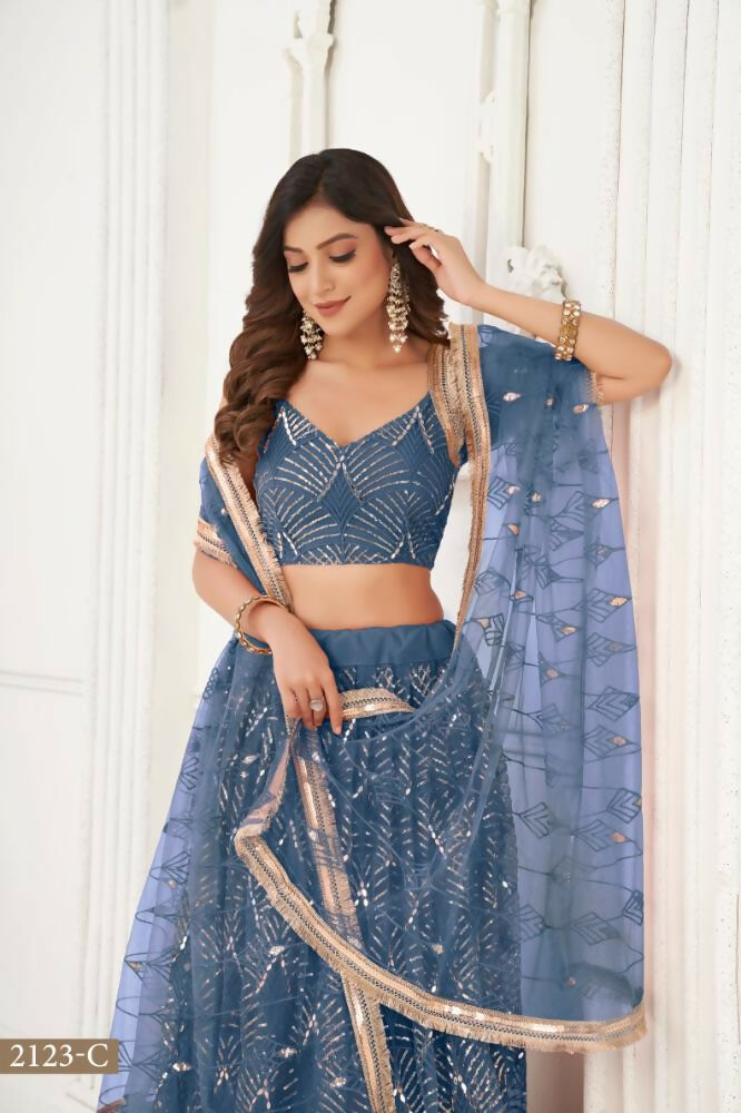 Aastha Fashion More Peach Butterfly Net Tone To Tone Thread Work, Sequence Work And Original Mirror Work Embroidery Wedding Wear Lehenga Choli