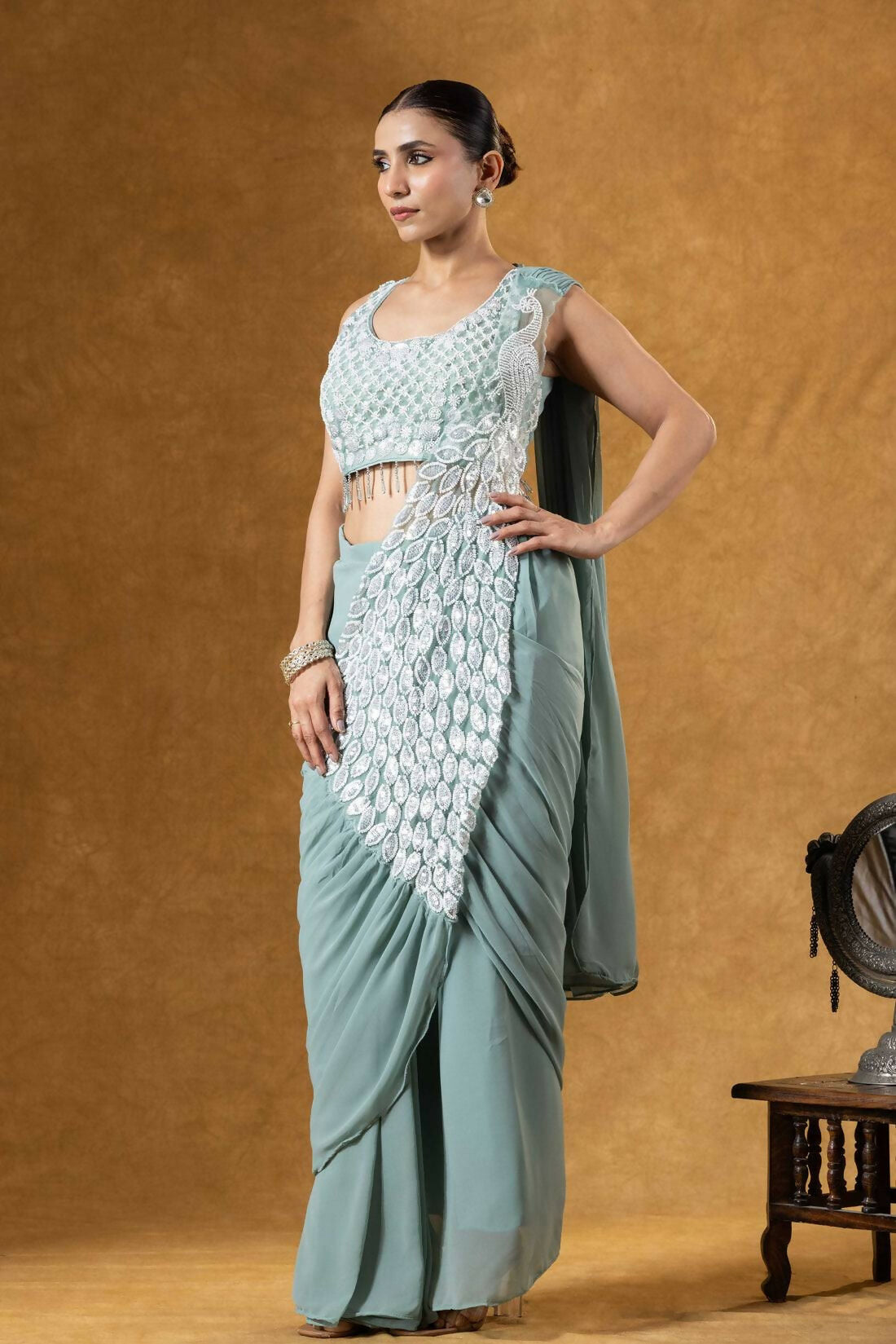 Teeya Creation Teal Color Faux Georgette Embroidery Work Party Wear Ready To Wear Saree