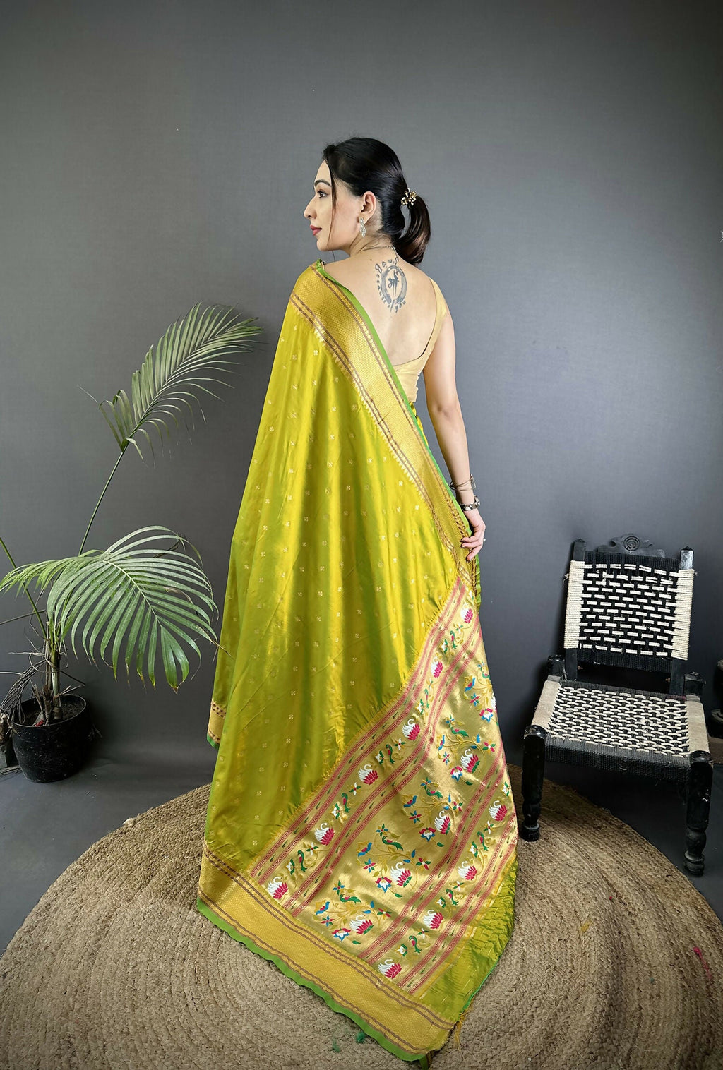 Joban Fashion Lime Green Butti Woven Soft Lichi Silk Paithani Saree
