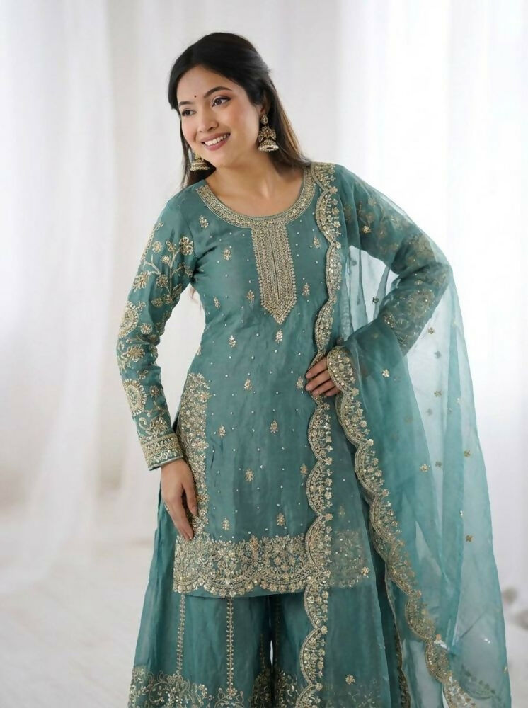 Teeya Creation Turquoise Color Fendy Silk Embroidery Work Wedding Wear Salwar Suit