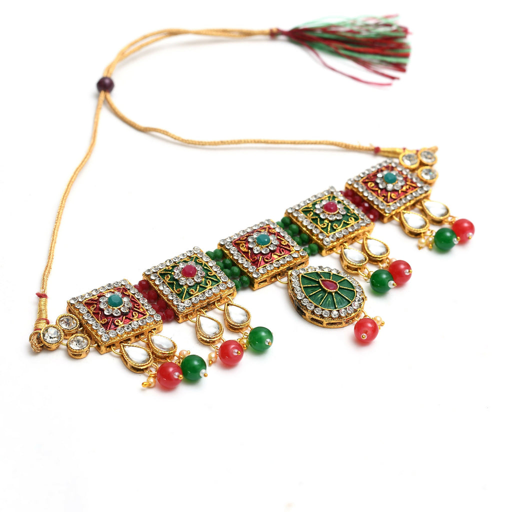 Mominos Fashion Johar Kamal Gold-Polished Brass Finish Meena & Pearls Work Choker For Women