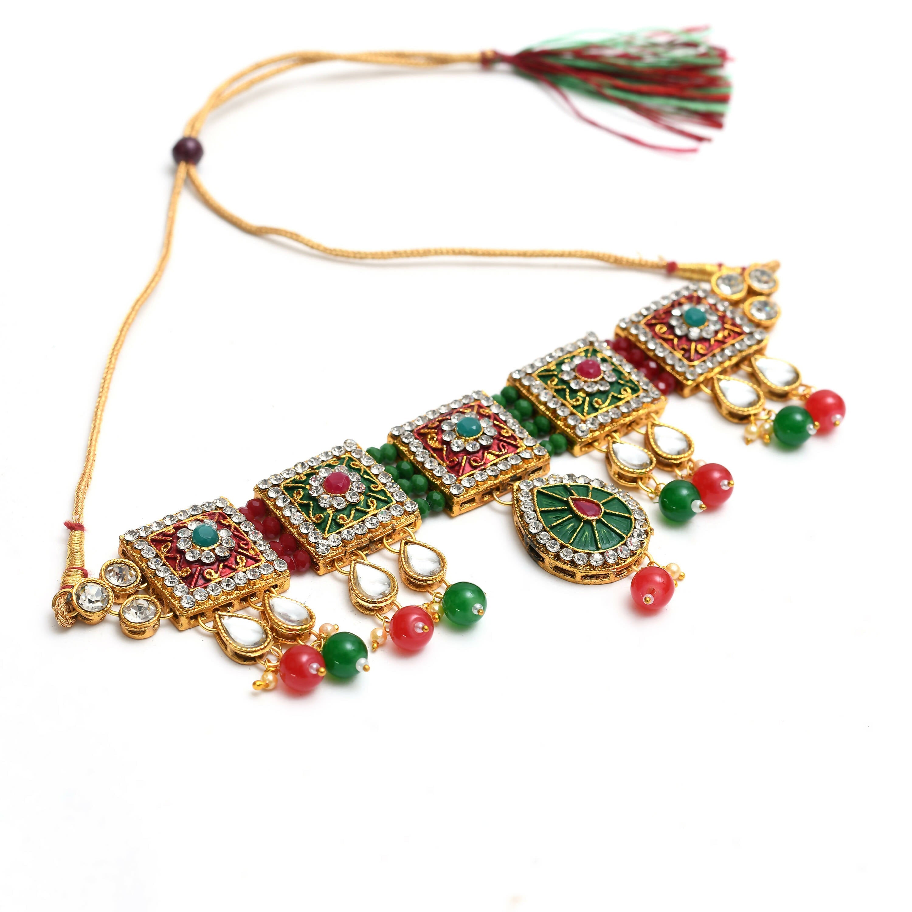 Mominos Fashion Johar Kamal Gold-Polished Brass Finish Meena & Pearls Work Choker For Women