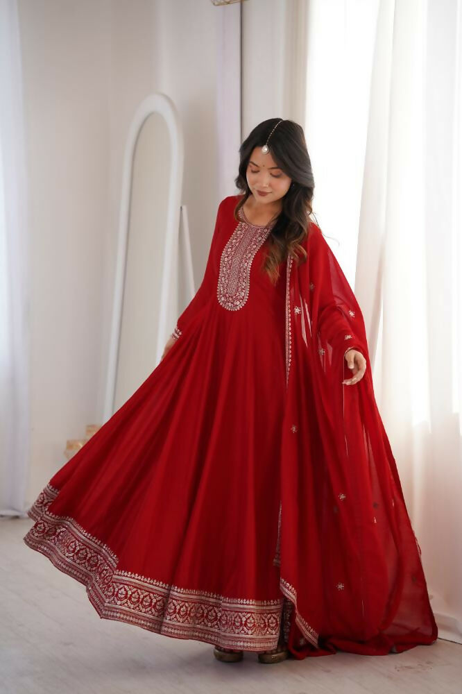Lehenga Mart Designer Anarkali Suit With Kurta, Dupatta For Women-Dark Red