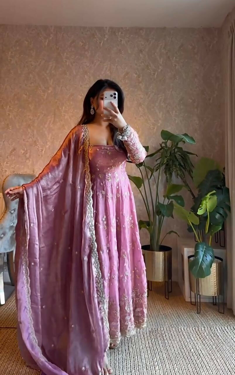 Teeya Creation Pink Color Faux Georgette Long Party Wear Gown