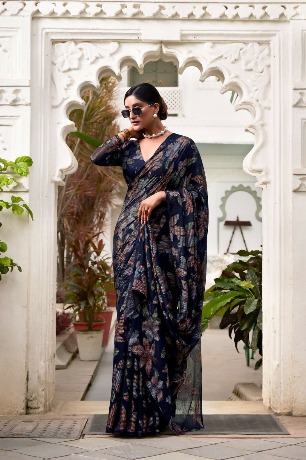 Vastranavya Navy Blue Lurex Brasso Floral Printed Saree with Unstitched Blouse