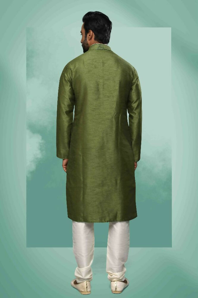 Raivat Ethnic Art Silk Mirror Embroidery Work Kurta Pajama In Green Colour