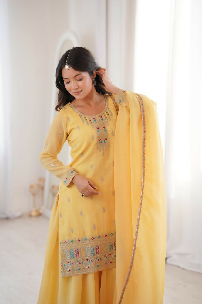 Lehenga Mart Designer Sharara Suit With Kurta, Sharara, Dupatta For Women-Yellow