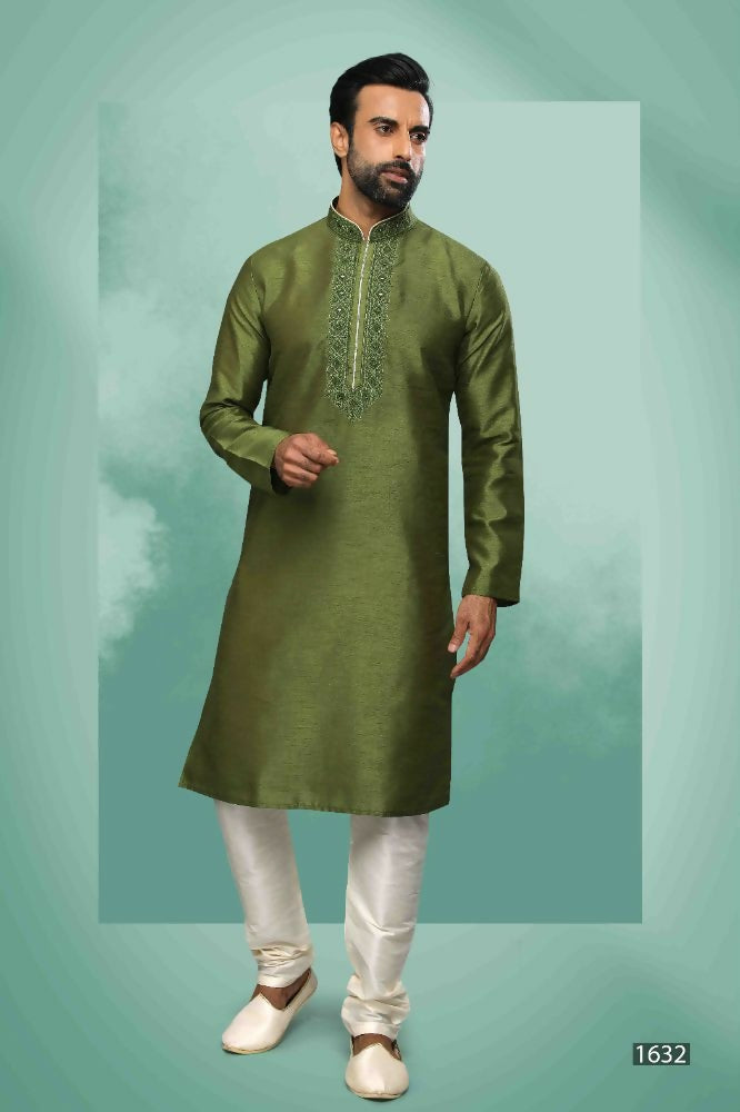 Raivat Ethnic Art Silk Mirror Embroidery Work Kurta Pajama In Green Colour