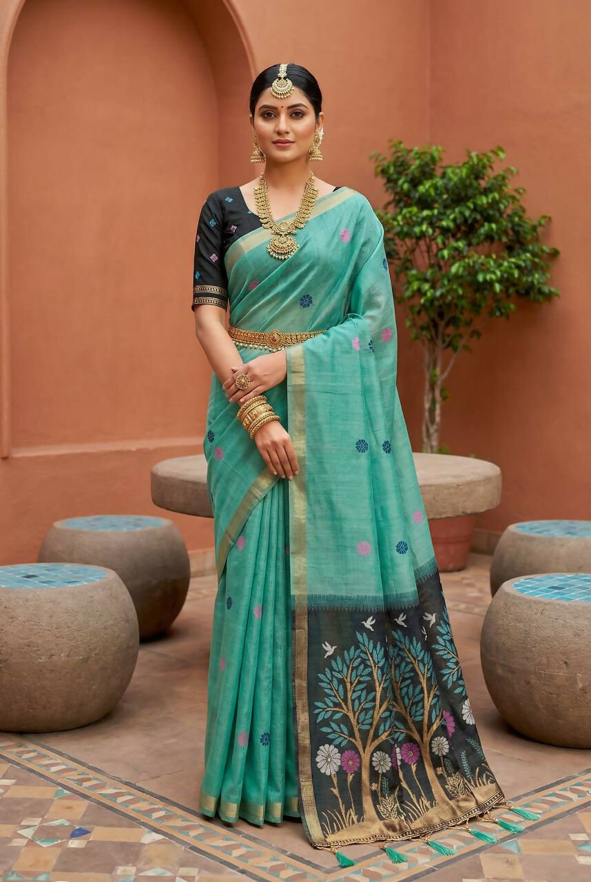 Vastranavya Sky Blue Muga Cotton Meenakari & Azarakh Pallu Saree with Contrast Blouse