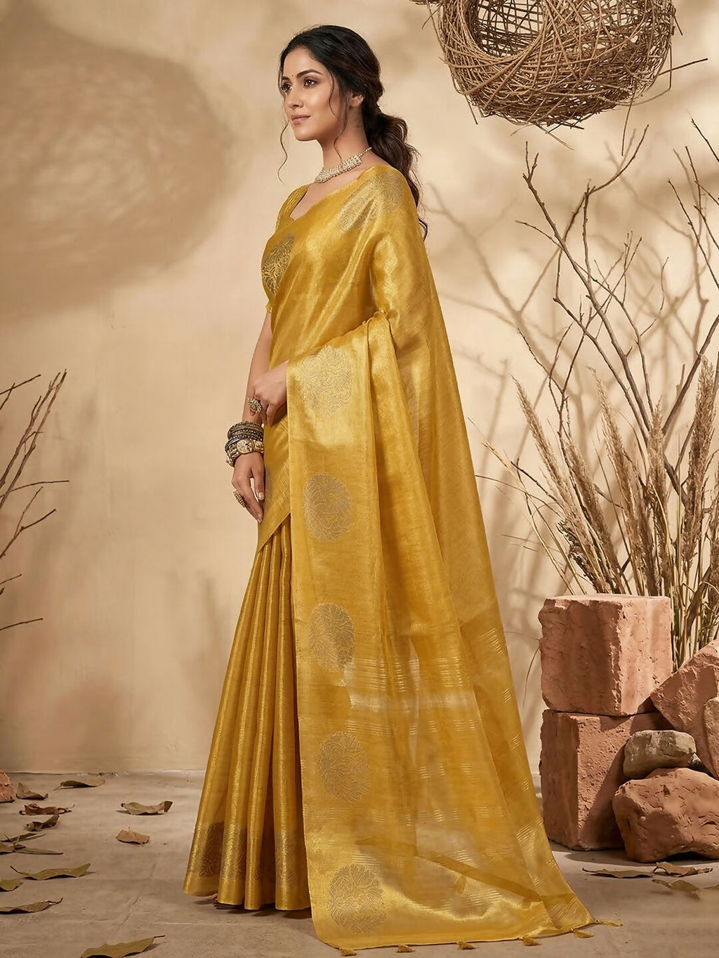 Shree Shyam Fashion Yellow Tissue Silk Saree