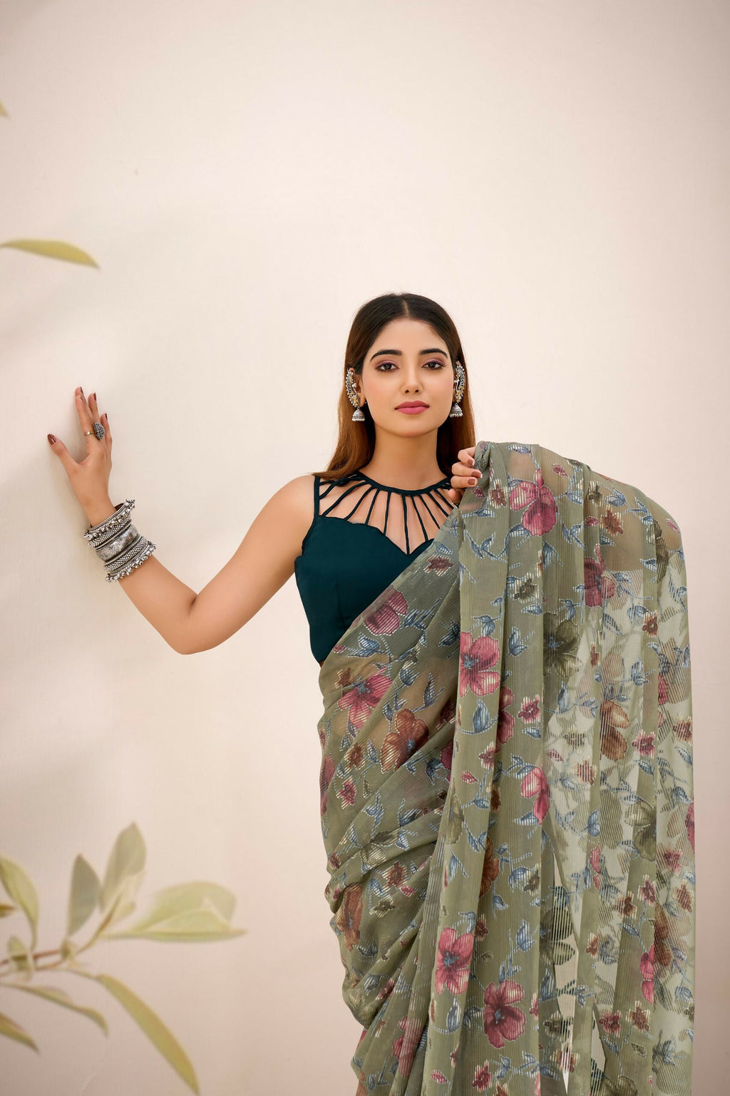 Vastranavya Mehendi Lurex Brasso Floral Printed Saree with Unstitched Blouse