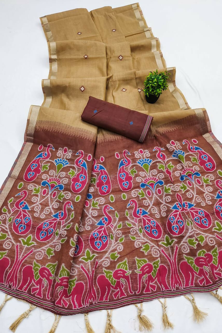 Vastranavya Cream Muga Cotton Meenakari & Azarakh Pallu Saree with Contrast Blouse
