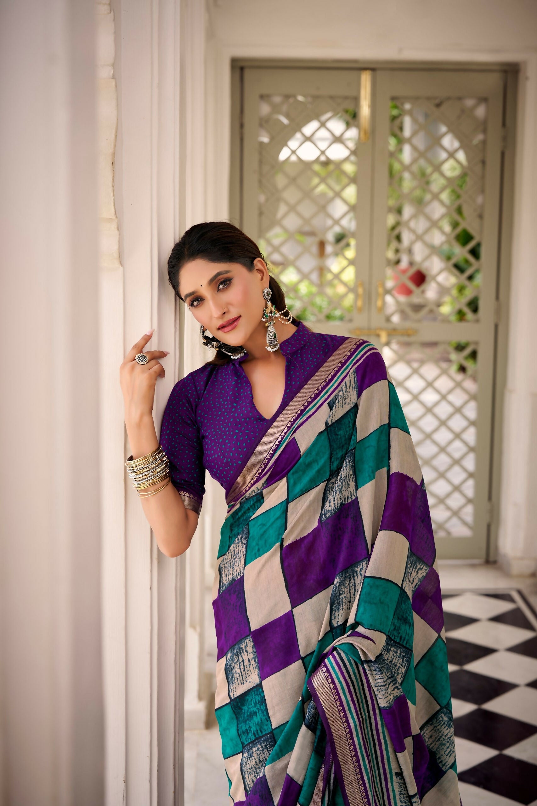 Vastranavya Purple Viscose Chanderi Printed with Temple Border Saree & Unstitched Blouse