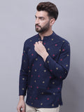 Even Apparels Blue Pure Cotton Short Kurta With Band Collar