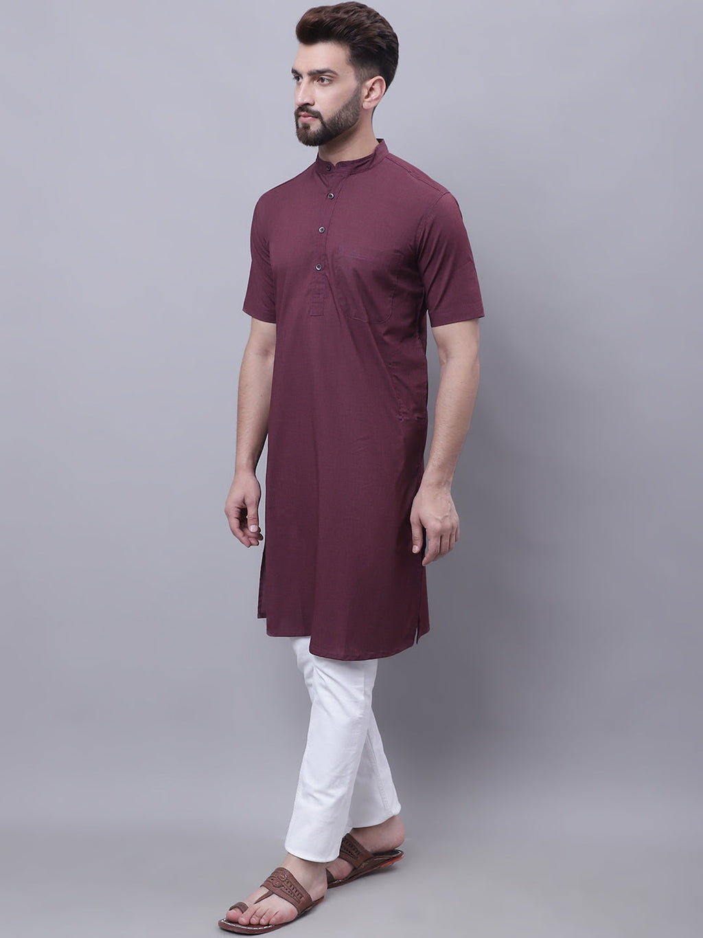 Even Apparels Wine Pure Cotton Short Sleeves Kurta With Band Collar