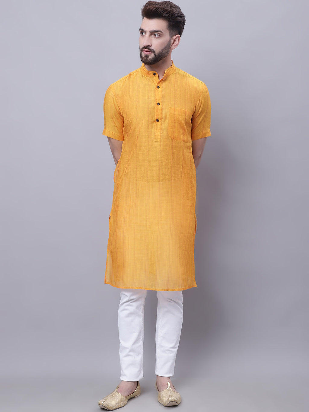 Even Apparels Yellow Pure Cotton Short Sleeves Kurta With Band Collar