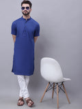 Even Apparels Blue Pure Cotton Short Sleeves Kurta With Band Collar