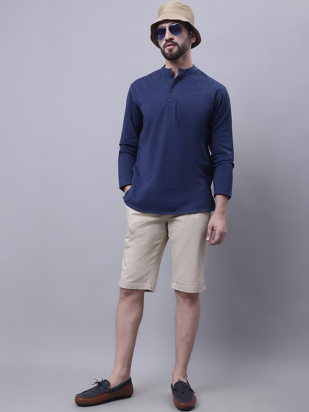 Even Apparels Blue Pure Cotton Short Kurta With Band Collar