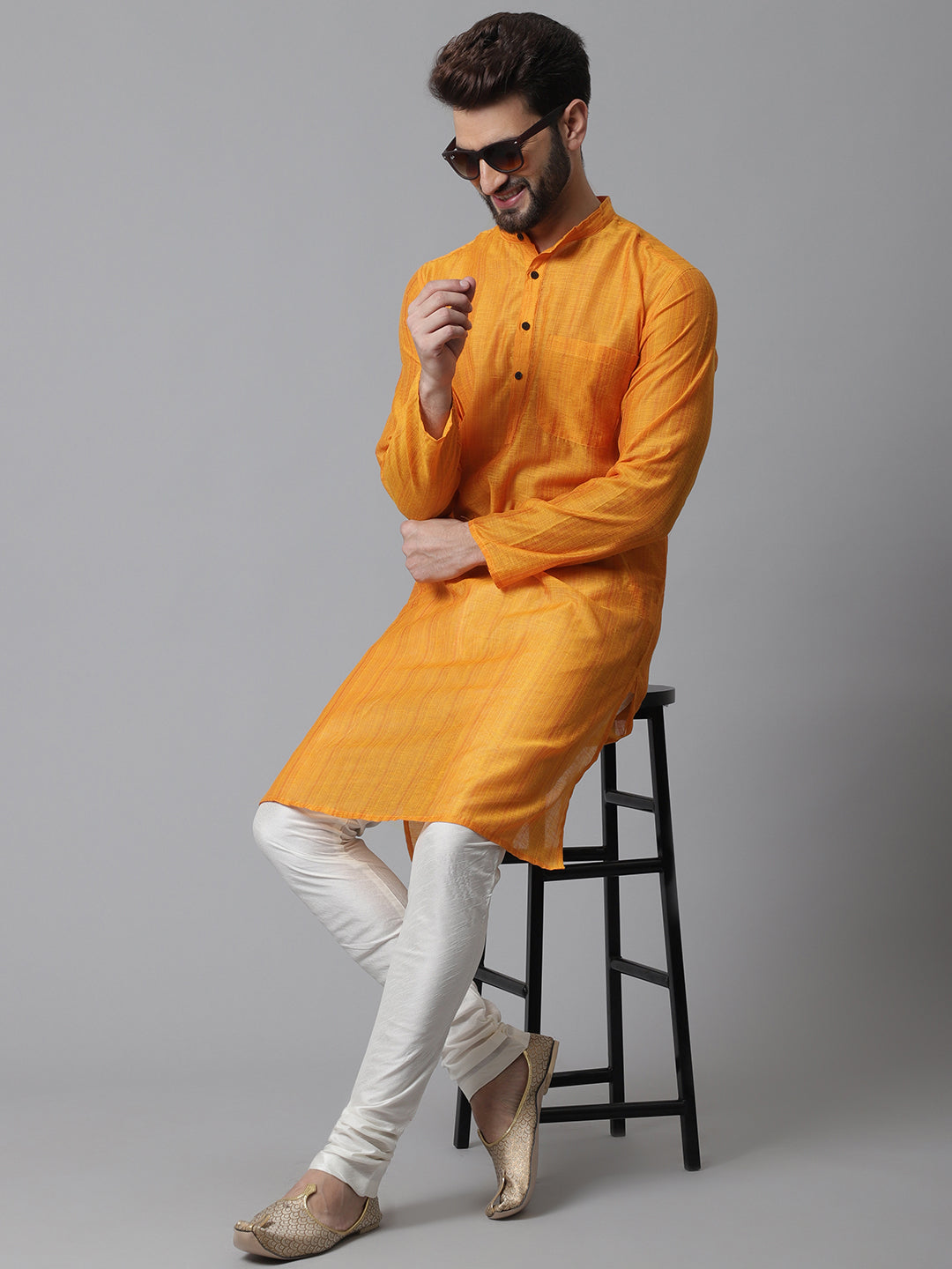 Even Apparels Yellow Check Kurta With Band Collar