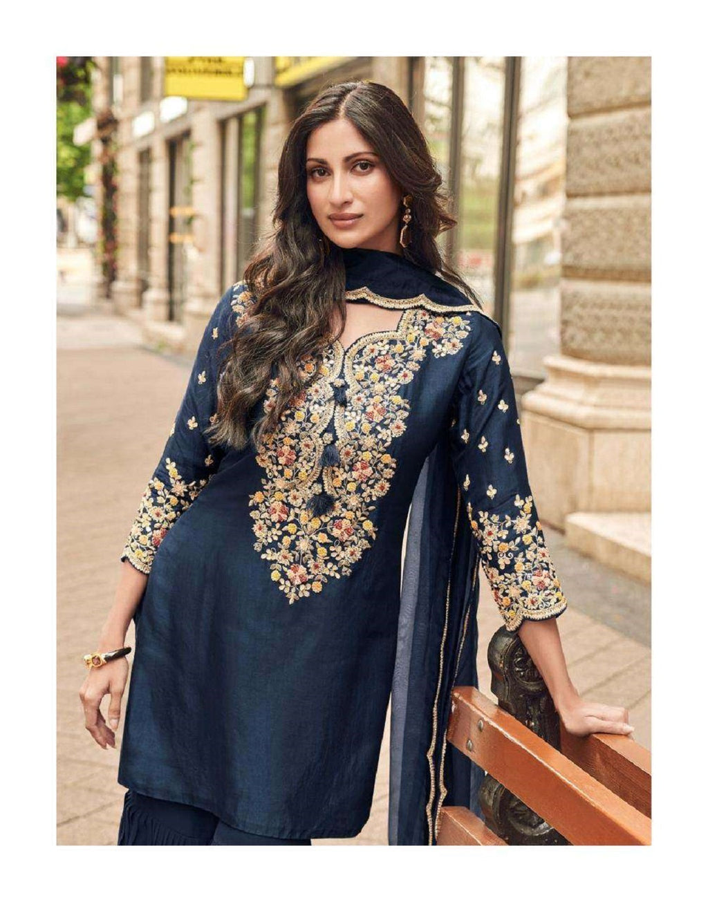 Evanik Women Navy Blue Floral Embroidered Kurta Sharara Dupatta Set