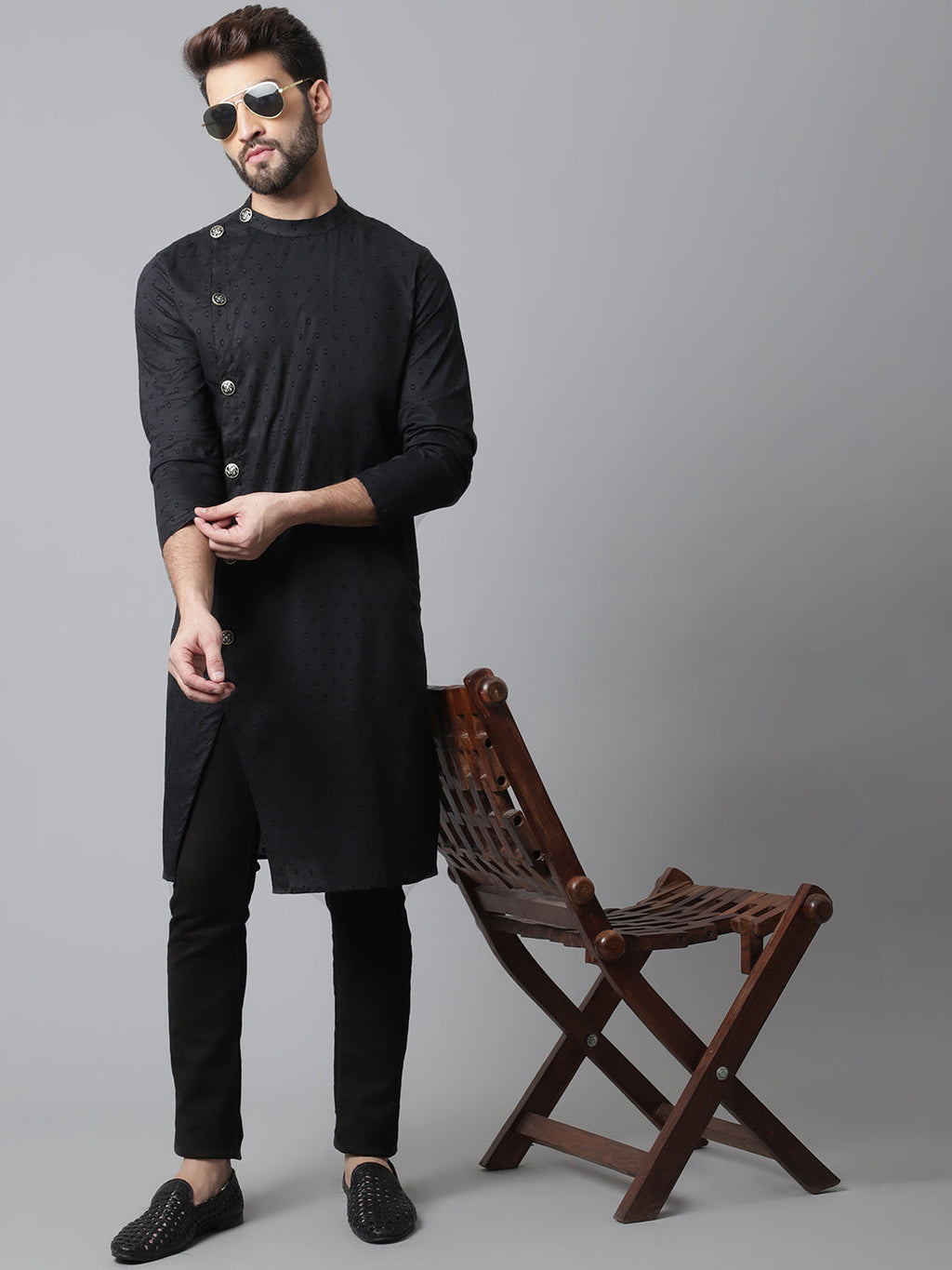 Even Apparels Black Pure Cotton Kurta With Band Collar