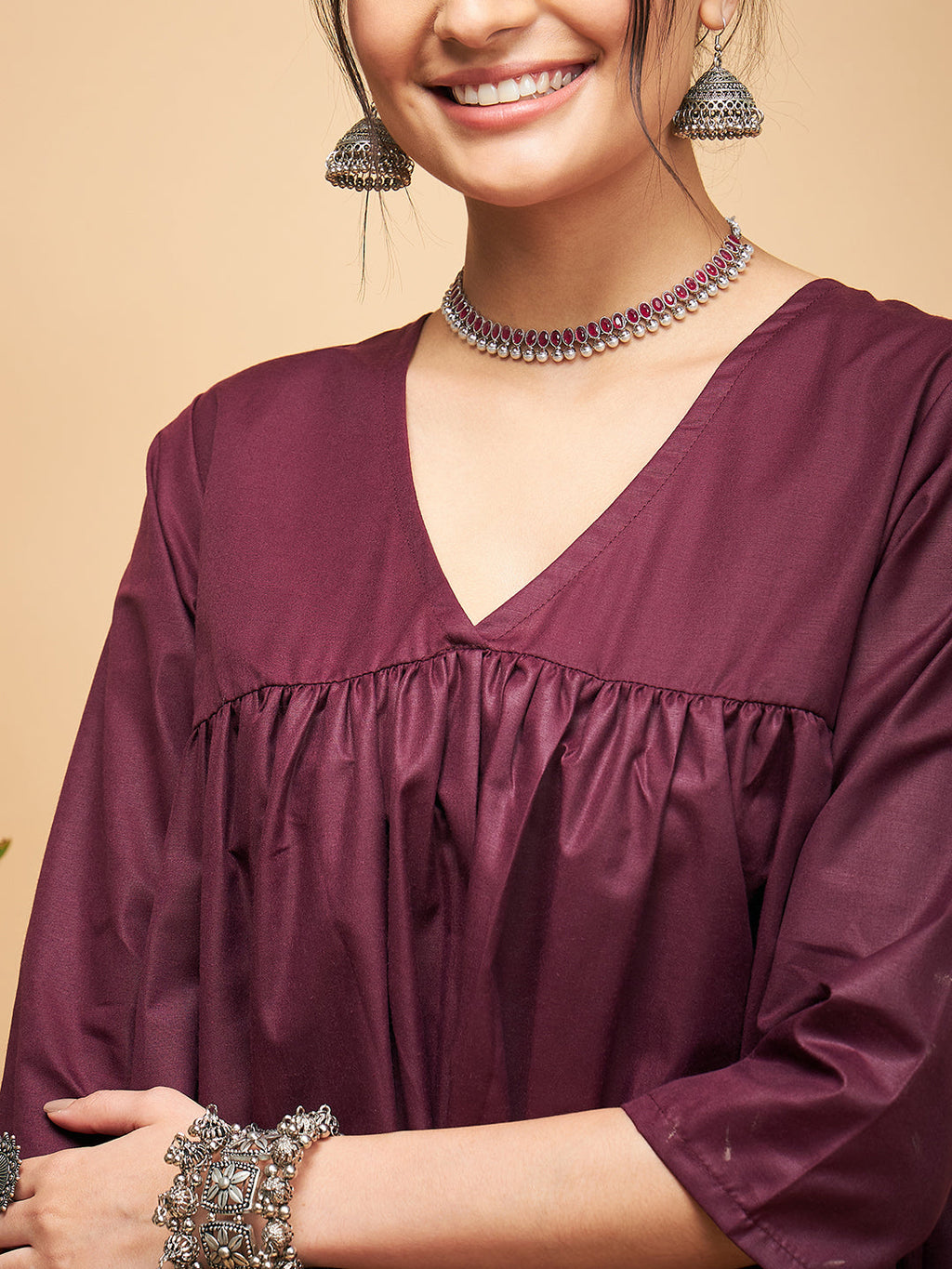 InWeave Women's Wine Solid Flared Kurta Palazzo Set
