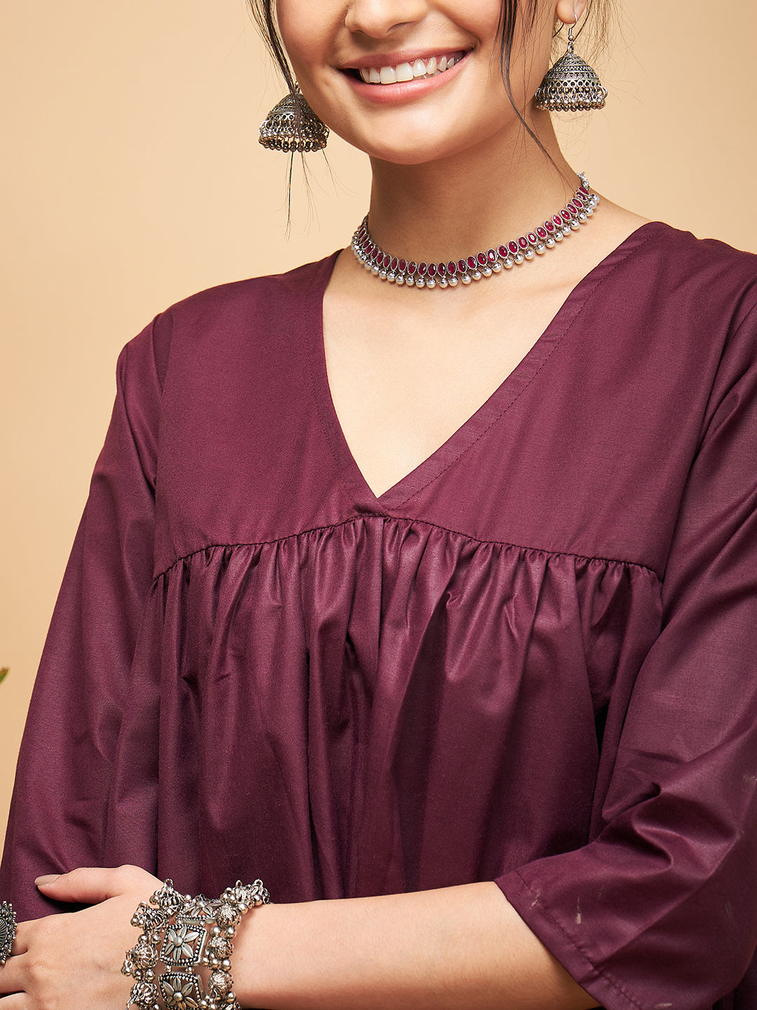 InWeave Women's Wine Solid Flared Kurta Palazzo Set