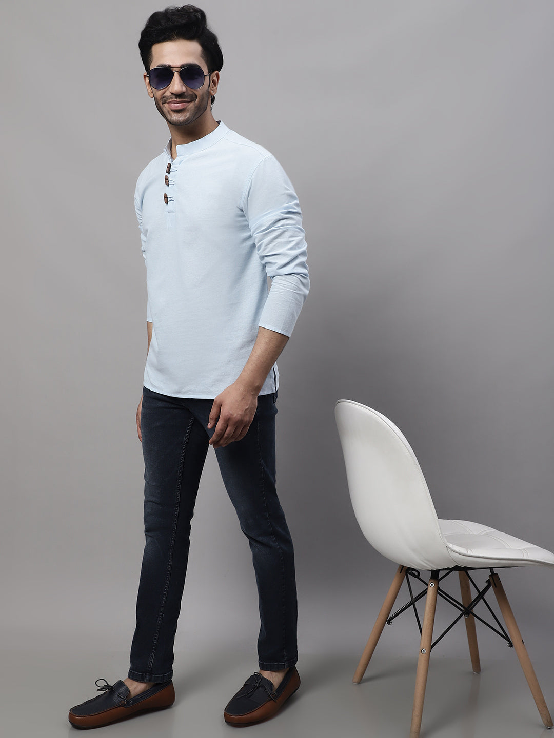 Even Apparels Blue Pure Cotton Kurta With Band Collar