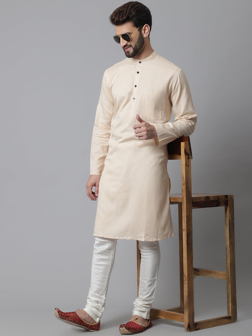 Even Apparels Cream Pure Cotton Kurta With Band Collar