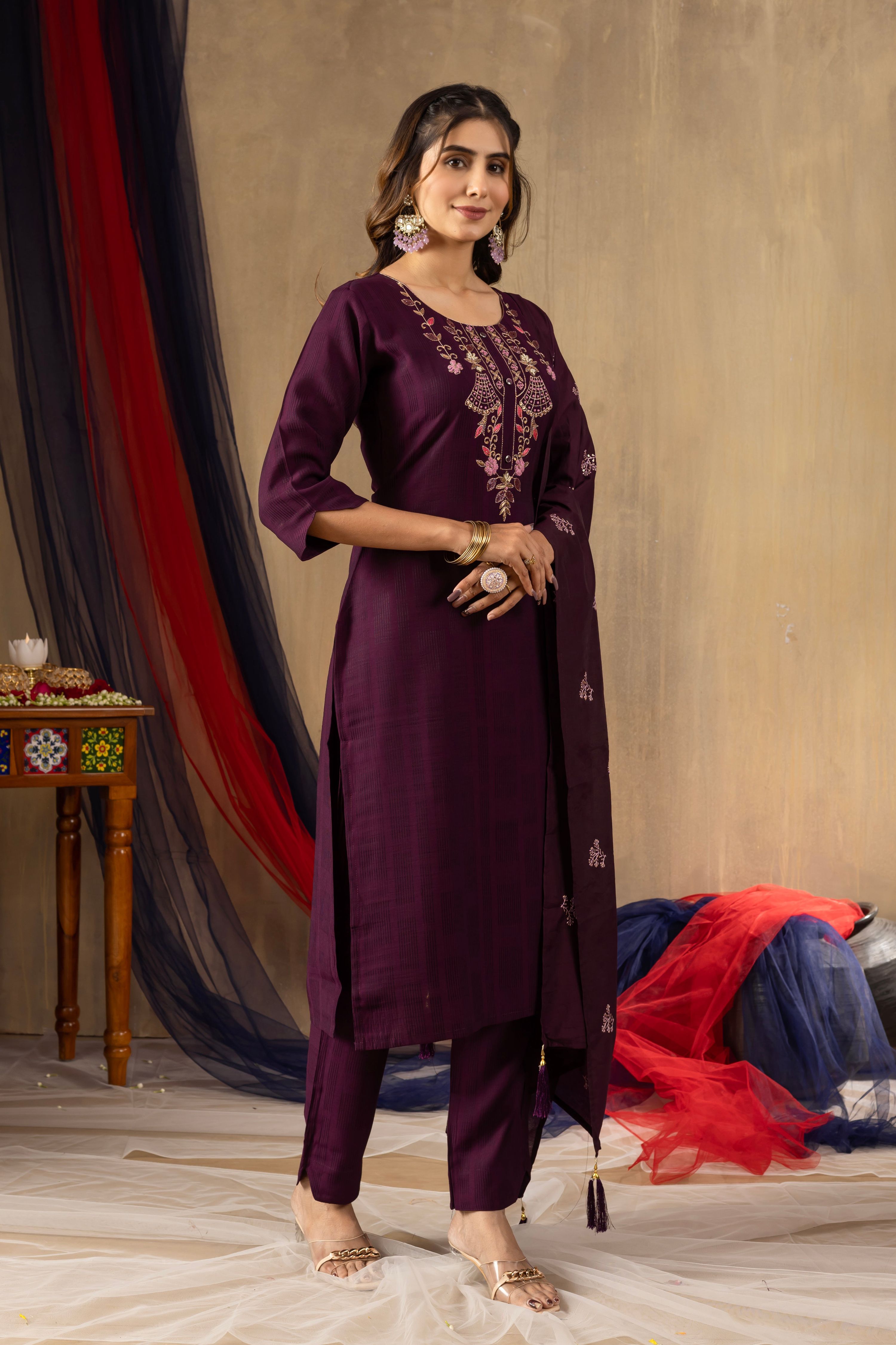 Pramukh Fab Wine Color Viscose Kurta Set