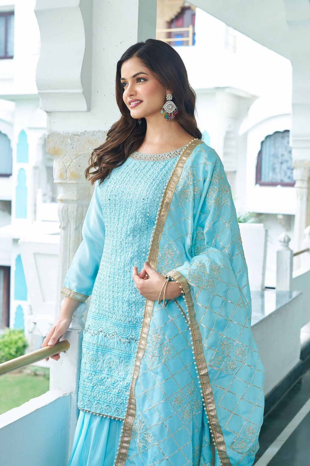 Joban Fashion Sky Blue Kurta Set Chinon Silk Embroidery Sequence Work