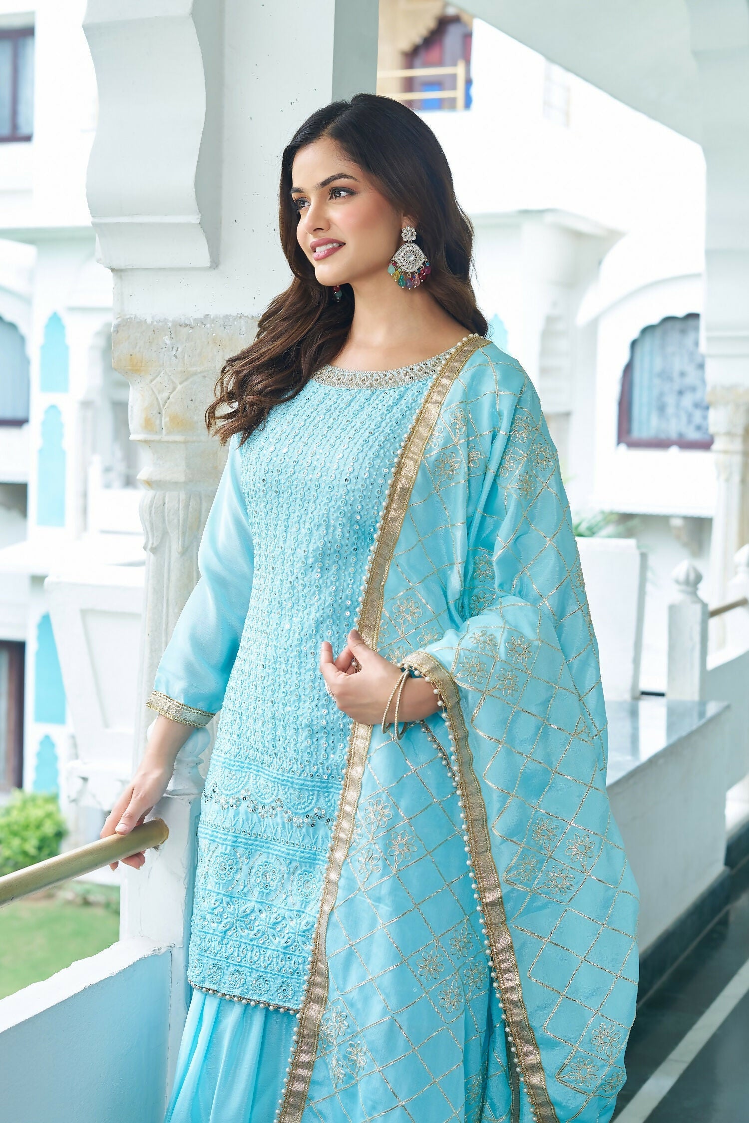 Joban Fashion Sky Blue Kurta Set Chinon Silk Embroidery Sequence Work