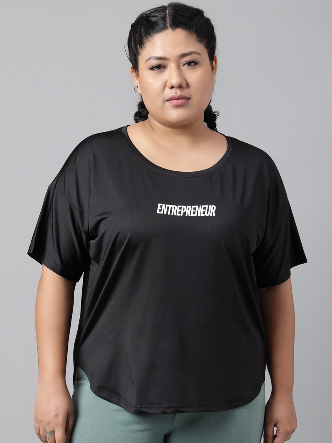 MKH Women Plus Size Typography Printed Drop shoulder Sleeves Dri-FIT Relaxed Fit T-shirt